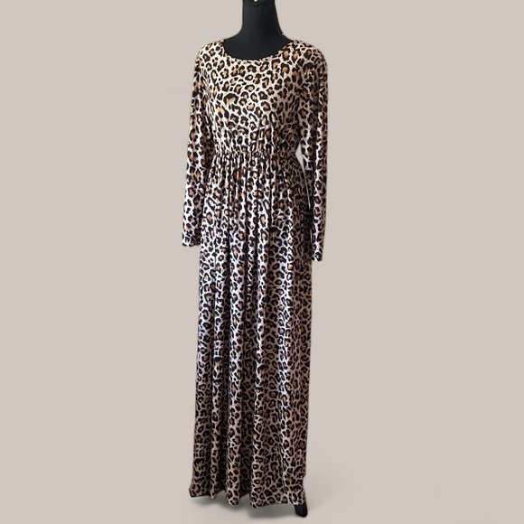 Vintage Leopard Maxi Dress Scoop Neck Fall Maxi Brown Black Women’s Size La… - Picture 2 of 11